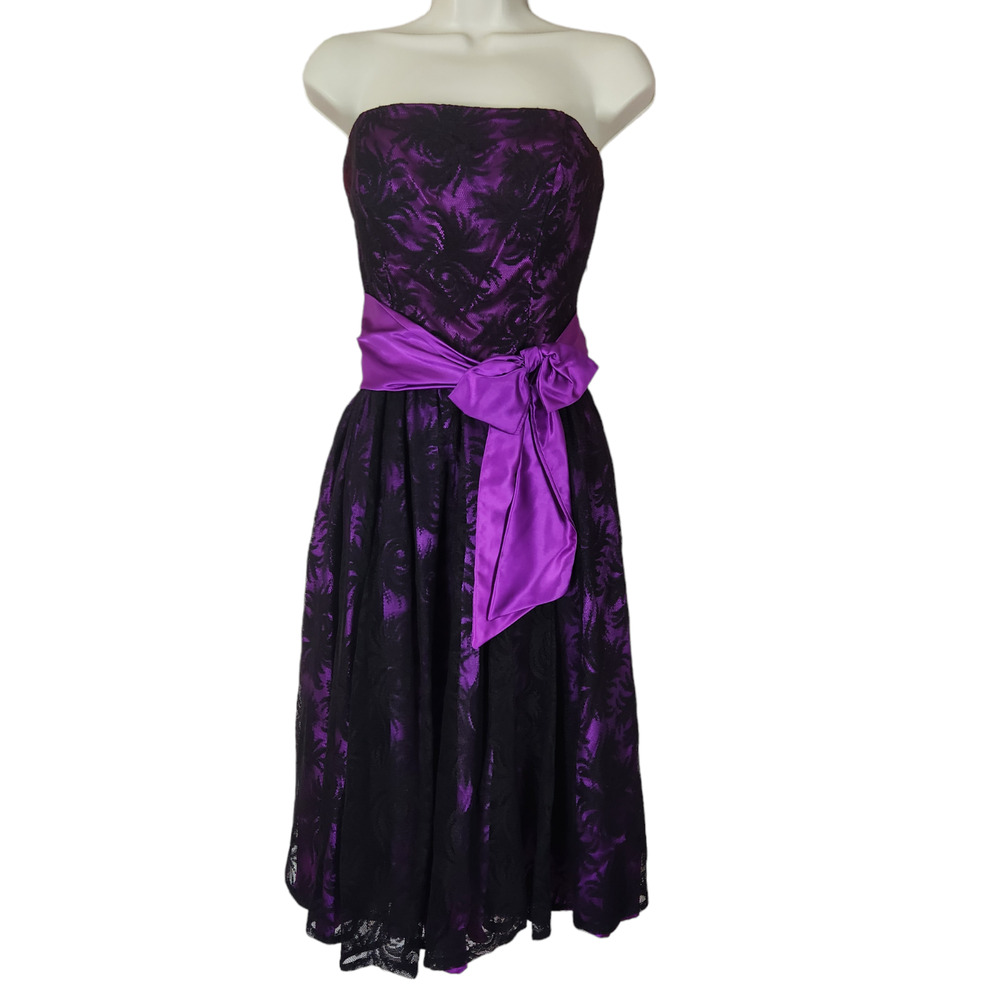 Vintage Loralie Dress Size 8 Black Purple Lace Satin Bow Strapless Gothic Grunge